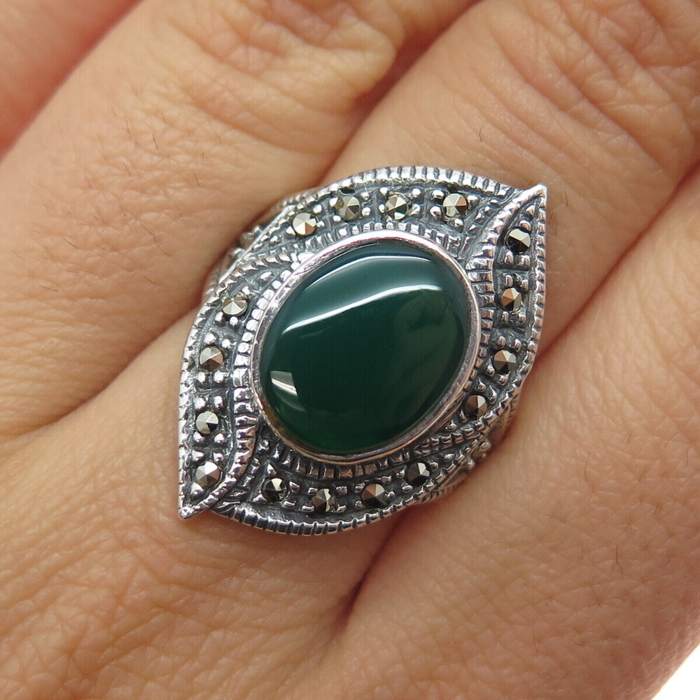 CHAPAL ZENRAY 925 Sterling Vintage Real Green Onyx & Marcasite Ring Size 6.25